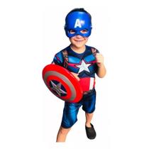 Fantasia Do Capitão América Curta Com Escudo e Máscara Fantasia Do Capitão América Curta Com Escudo e Máscara