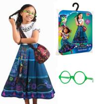 Fantasia Encanto Infantil Vestido Mirabel Disney Longo Com Bolsa e Óculos