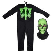 Fantasia Esqueleto Longa Infantil Fluorescente Com Gorro