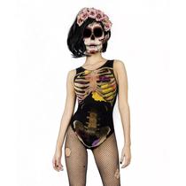 Fantasia Esqueleto Mexicana Collant Halloween Carnaval Festa