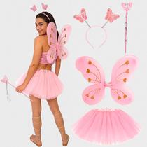 Fantasia Fada Adulta Feminina de Carnaval Kit Borboleta Saia 40cm Asa Varinha e Tiara