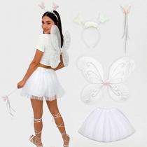 Fantasia Fada Adulta Feminina de Carnaval Kit Borboleta Saia 40cm Asa Varinha e Tiara