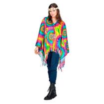 Fantasia Feminina Carnaval Adulta Poncho Hippie Com Colar da Paz