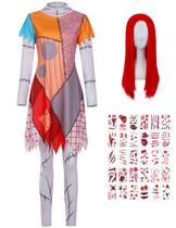 Fantasia feminina de pesadelo de Natal, fantasias de Halloween para adultos, vestido de manga comprida com estampa de remendo, roupa de cosplay de personagens de filme com acessórios, adesivos de peruca vermelha DY004L Fantasia feminina de pesadelo de Natal, fantasias de Halloween para adultos, vestido de manga comprida com estampa de remendo, roupa de cosplay de personagens de filme com acessórios, adesivos de peruca vermelha DY004L