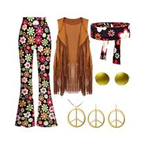 Fantasia Feminina Hippie Disco Anos 60 70 Paz E Amor Com Franjas Indianas Para Festa De Halloween,