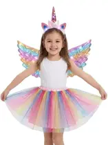 Fantasia feminina infantil UNICORNIO com asas saia e tiara com led