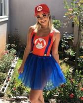 Fantasia Feminina Mario bros body Mario e Saia de tule Azul linda - Em Fantasy