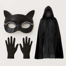 Fantasia Feminina Mulher Gato Mascara Capa Preta Festa a Fantasia Halloween