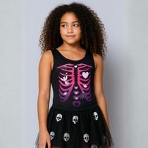 Fantasia Garotas Halloween Body Esqueleto Mexicano Rosa e Roxo Pré-Adolescente