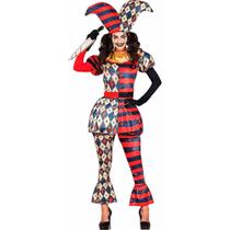 Fantasia Halloween Adulta Feminina Roupa de Palhaça Boba da Corte Completa Camisa Calça Chapéu