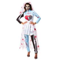 Fantasia Halloween Adulta Noiva Zumbi com Esqueleto Ensanguentado