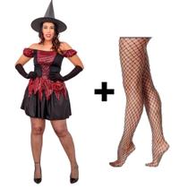 Fantasia Halloween Adulto Bruxa Vestido + Chapéu + Meia Arrastão Vestido de Bruxa Malvada Feiticeira Brilho Carnaval - Fantasias do Ó