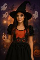 Fantasia Halloween Bruxa Adulta Vestido Estampado com Abóboras