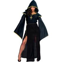 Fantasia Halloween Bruxa Feminina Adulta Vestido Gotico Medieval Paga de Luxo com Capuz e Detalhes Dourado Fantasia Halloween Bruxa Feminina Adulta Vestido Gotico Medieval Paga de Luxo com Capuz e Detalhes Dourado