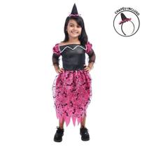 Fantasia Halloween Bruxa Infantil de Luxo Rosa Com Chapéu