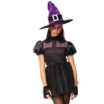 Fantasia Halloween Bruxa Vestido Feminino Curto Manga Bufant