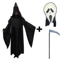 Fantasia Halloween Capa do Pânico Infantil Com Máscara e Foice Túnica da Morte Carnaval Zumbi Terror Completa