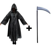 Fantasia Halloween Capa Mago Feiticeiro Com Capuz e Foice Capa Pânico Infantil Completo Carnaval Cosplay
