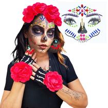 Fantasia Halloween Caveira Mexicana Acessórios: Tiara Cabelo + Brincos + Luvas + Maquiagem Adesiva Face Jewels