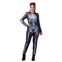 Fantasia Halloween Caveira Mexicana Adulta Feminina Com Tiara de Rosas - Sulamericana