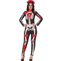 Fantasia Halloween Caveira Mexicana Adulta Feminina Macacão Esqueleto com Rosas Vermelha