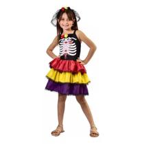 Fantasia Halloween Caveira Mexicana c/ Tiara Menina Infantil