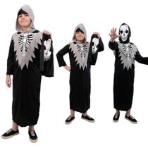 Fantasia Halloween Esqueleto Infantil Manto Preto e Máscara Caveira