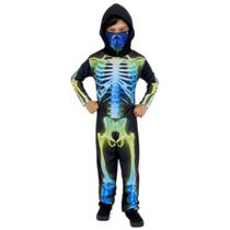Fantasia Halloween Esqueleto Neon Infantil Longo com Capuz Roupa de Caveira Colorida Anjo 334 Fantasia Halloween Esqueleto Neon Infantil Longo com Capuz Roupa de Caveira Colorida Anjo 334