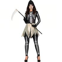 Fantasia Halloween Feminina Adulta Ceifadora Esqueleto Medieval Gótica com Capuz Fantasia Halloween Feminina Adulta Ceifadora Esqueleto Medieval Gótica com Capuz