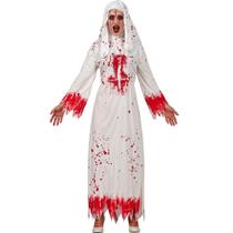 Fantasia Halloween Feminina Adulta de Terror Freira Mal Assassina Monge Pastora Tunica Branca com Sangue e Veu Fantasia Halloween Feminina Adulta de Terror Freira Mal Assassina Monge Pastora Tunica Branca com Sangue e Veu