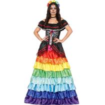 Fantasia Halloween Feminina Adulta Vestido Classico Caveira Mexicana Longo Saia Colorida Fantasia Halloween Feminina Adulta Vestido Classico Caveira Mexicana Longo Saia Colorida