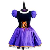 Fantasia Halloween Feminina Bruxa Luxo Com Chapéu Fantasia Halloween Feminina Bruxa Luxo Com Chapéu