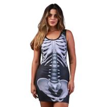 Fantasia Halloween Feminina Caveira Vestido Esqueleto Curto