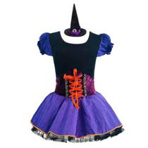 Fantasia Halloween Feminina Infantil Menina Bruxa Com Chapéu Fantasia Halloween Feminina Infantil Menina Bruxa Com Chapéu
