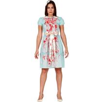 Fantasia Halloween Iluminado Gemeas Zumbi Adulta Feminina Cosplay Vestido Azul com Sangue