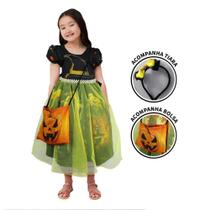 Fantasia Halloween Infantil Menina Bruxinha de Luxo Com Tiara e Bolsinha