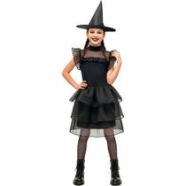 Fantasia Halloween Infantil Menina Gotica de Luxo Vestido Bruxa Chapeu e Meia Arrastão Fantasia Halloween Infantil Menina Gotica de Luxo Vestido Bruxa Chapeu e Meia Arrastão