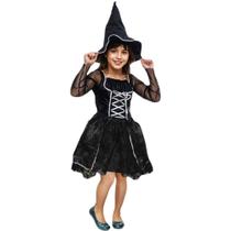 Fantasia Halloween Infantil Menina Vestido de Bruxa Moderno de Luxo com Chapéu