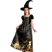 Fantasia Halloween Infantil pra Menina Bruxa Gótica de Luxo Com Chapéu Vestido Preto Longo Maravilhoso Fantasia Halloween Infantil pra Menina Bruxa Gótica de Luxo Com Chapéu Vestido Preto Longo Maravilhoso