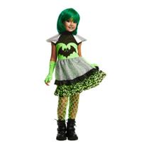 Fantasia Halloween Infantil pra Menina Vampira Moderna Com Luva e Peruca Verde