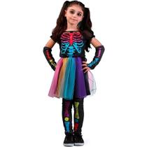 Fantasia Halloween Infantil pra Menina Vestido Caveira Colorida Com Meias e Luvas de Esqueleto