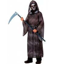 Fantasia Halloween Infantil pra Menino Foice + Túnica com Capuz Morte + Máscara Caveira Ceifador