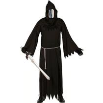 Fantasia Halloween Masculina Tunica Preta com Capuz e Máscara Metalizada Senhor Da Morte Cavaleiro das Sombras Medieval