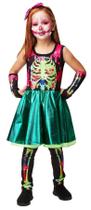 Fantasia Halloween Menina Esqueleta Zumbi Caveira Verde Luxo