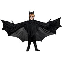 Fantasia Halloween Morcego Infantil pra Menino Luxo Com Capuz e Asas Gigantes Preta 150 cm