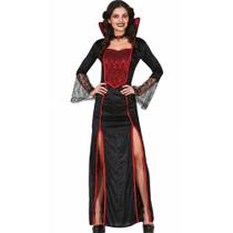 Fantasia Halloween Vampira Adulta Feminina de Luxo Vestido Longo com Fenda Gótico Gola Estruturada Medieval Vitoriana Fantasia Halloween Vampira Adulta Feminina de Luxo Vestido Longo com Fenda Gótico Gola Estruturada Medieval Vitoriana