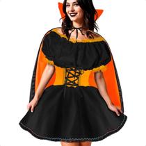 Fantasia Halloween Vampira Dark de Luxo Com Capa Adulta Feminina Fantasia Halloween Vampira Dark de Luxo Com Capa Adulta Feminina