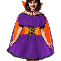 Fantasia Halloween Vampira Infantil Dark de Luxo Com Capa