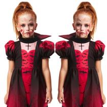Fantasia Halloween Vampira Infantil Vestido de Luxo com Morcegos