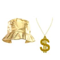 Fantasia Hip Hop Rapper com Chapéu Bucket e Cordão de Cifrão Dourado 2 Peças